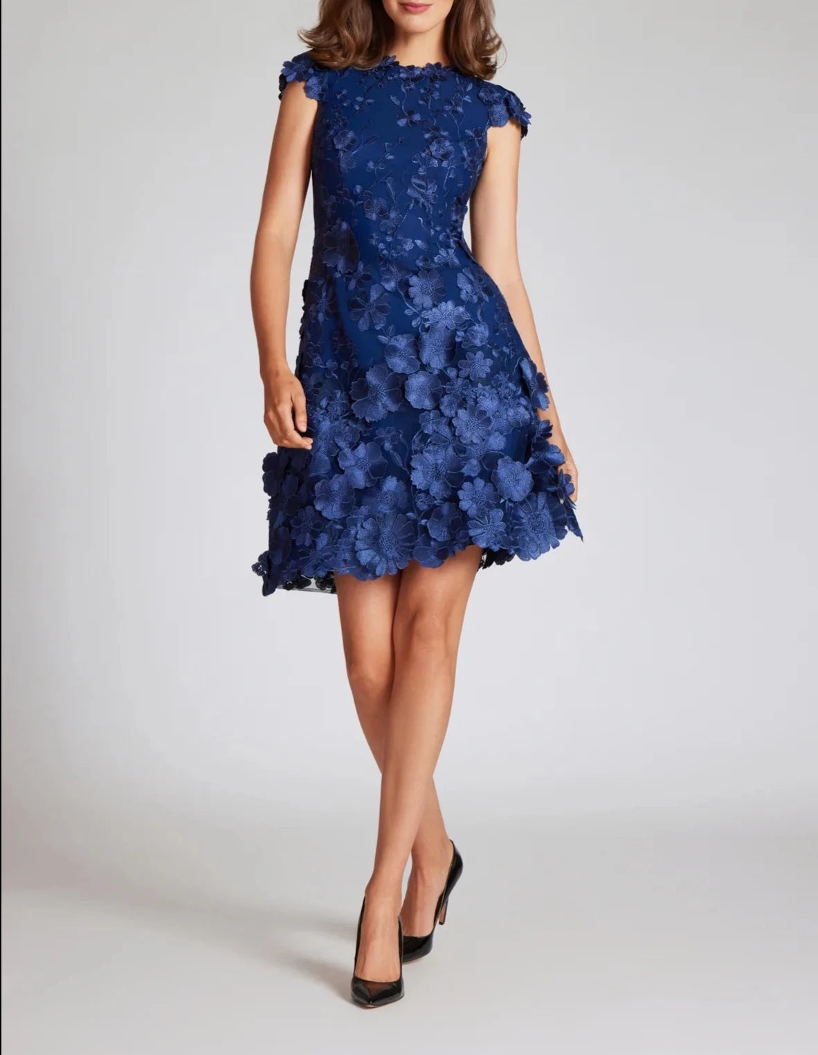 3D APPLIQUED FLORAL LACE FIT AND FLARE DRESS