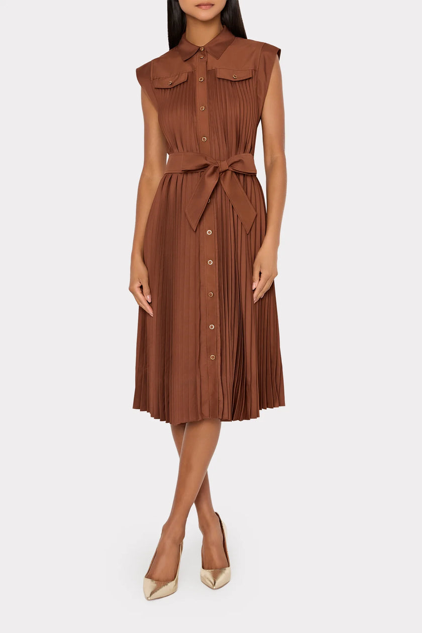 JOHANNA PLEATED TWILL MIDI DRESS