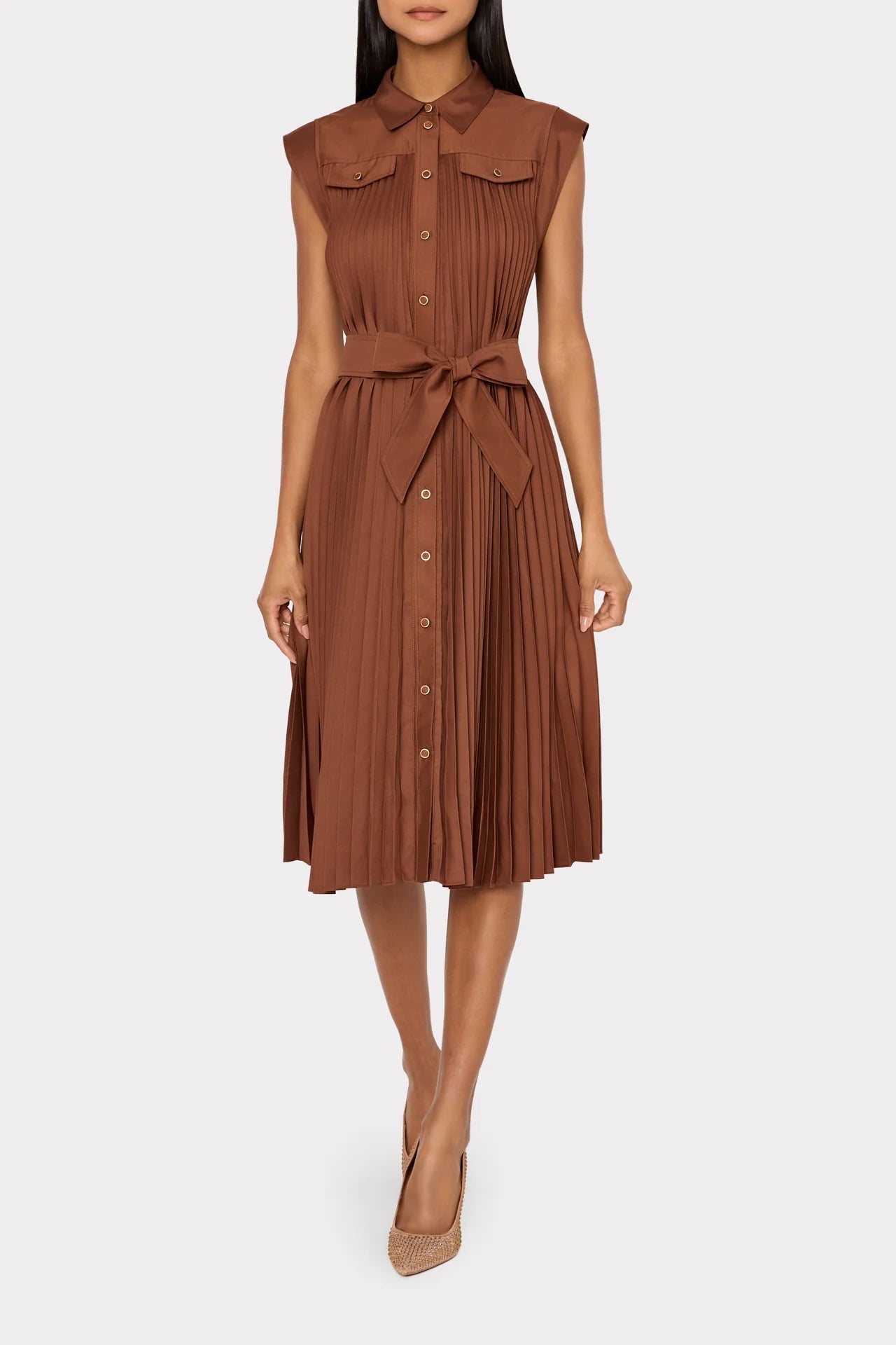 JOHANNA PLEATED TWILL MIDI DRESS