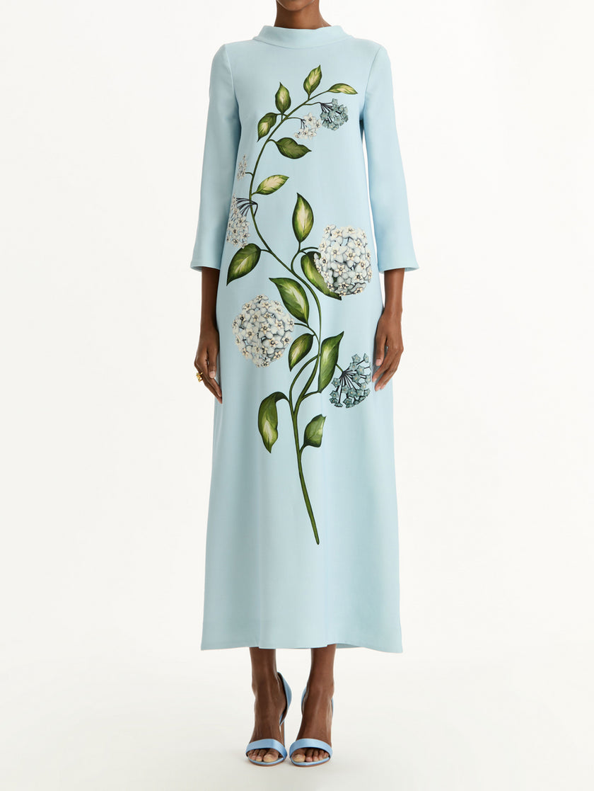 LONG SLEEVE PORCELAIN FLOWERS WOOL CAFTAN