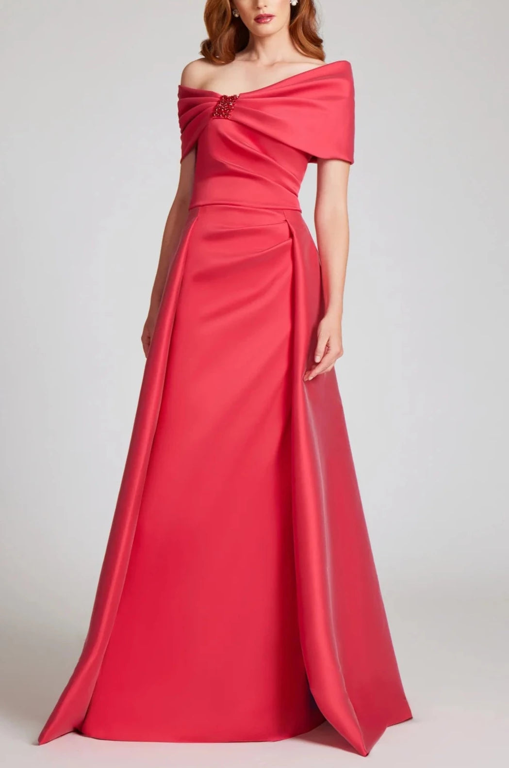 STRETCH GAZAR OFF THE SHOULDER DRAPED GOWN