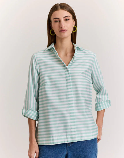 XENA THREE QUARTER SLEEVE STRIPE GINGHAM COMBO SHIRT