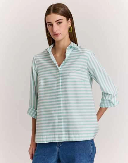 XENA THREE QUARTER SLEEVE STRIPE GINGHAM COMBO SHIRT