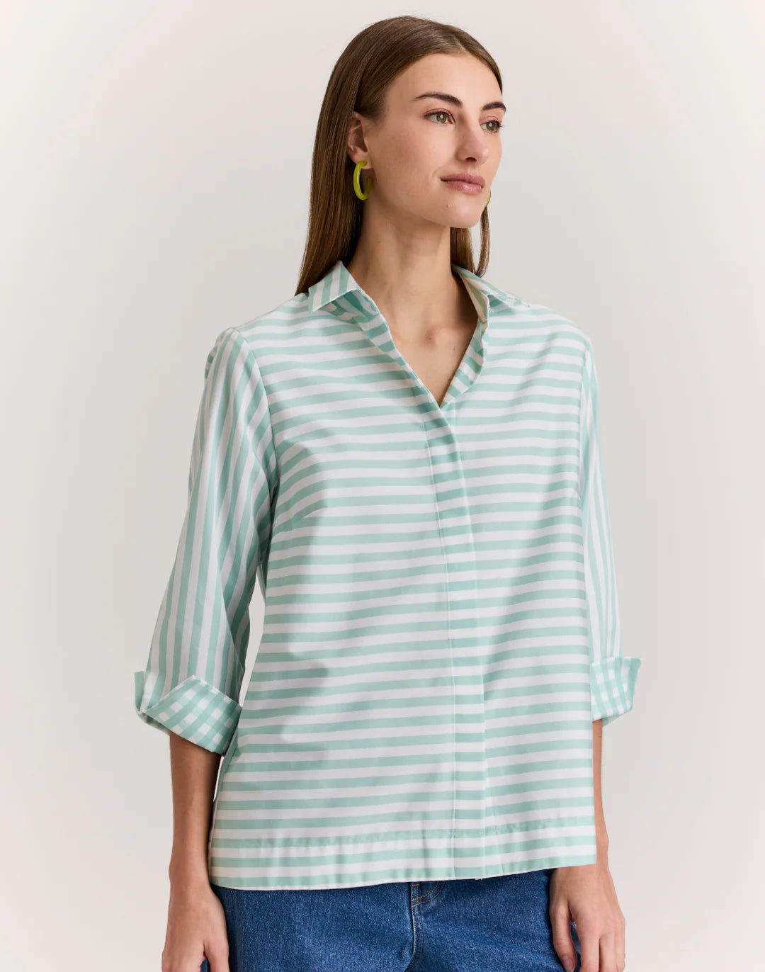 XENA THREE QUARTER SLEEVE STRIPE GINGHAM COMBO SHIRT