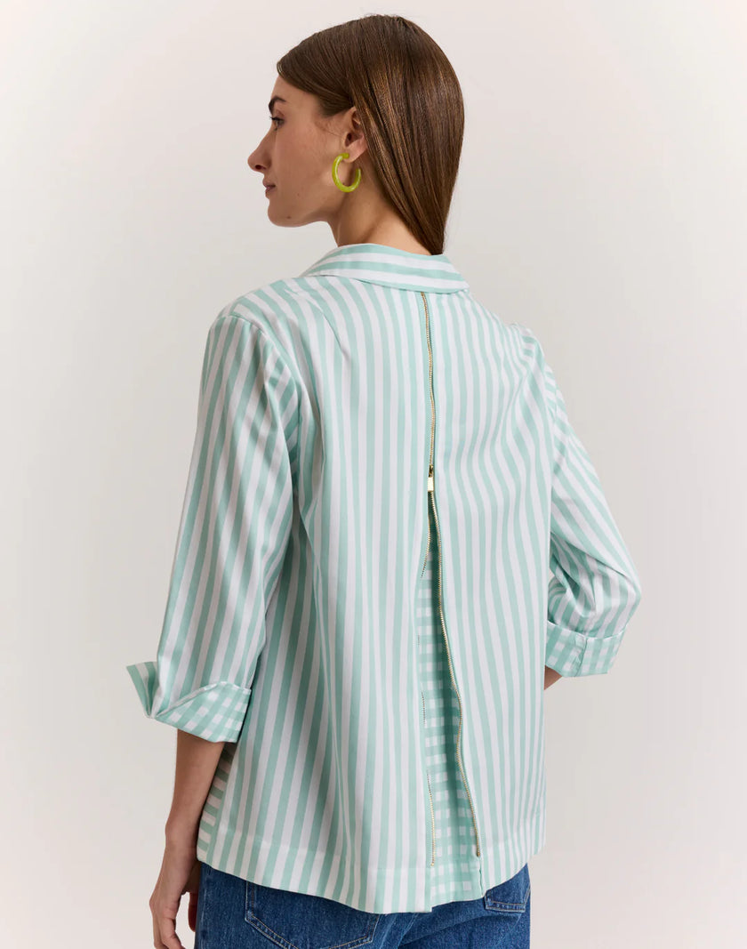 XENA THREE QUARTER SLEEVE STRIPE GINGHAM COMBO SHIRT