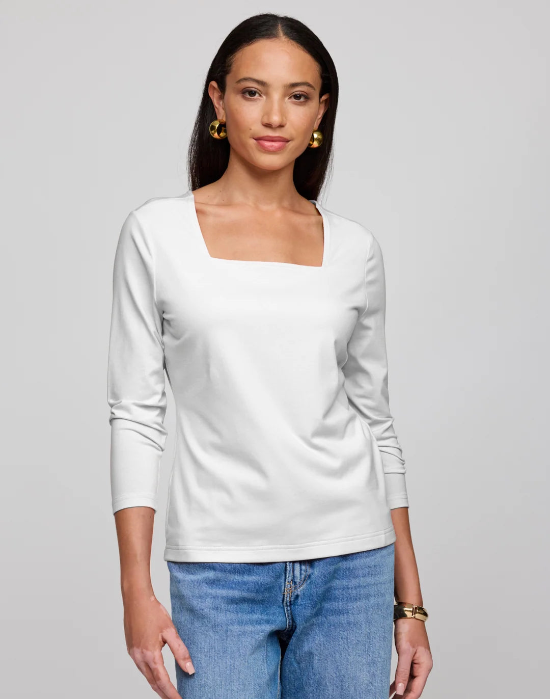 TAMMY THREE QUARTER SLEEVE SQUARE NECK DOUBLE KNIT PANEL TOP