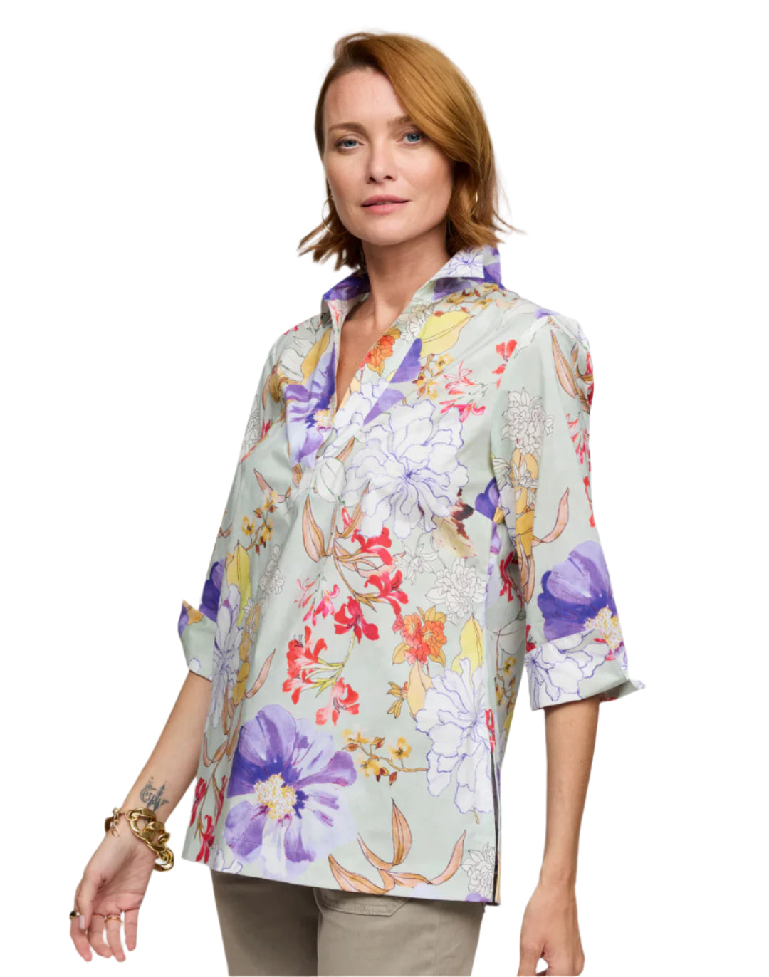 VICKY THREE QUARTER SLEEVE WATERCOLOR FLORAL SHIRT