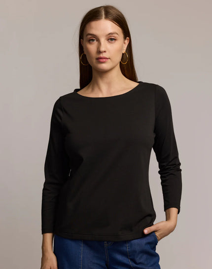 GISSEL THREE QUARTER SLEEVE BOATNECK DOUBLE KNIT PANEL SHIRT