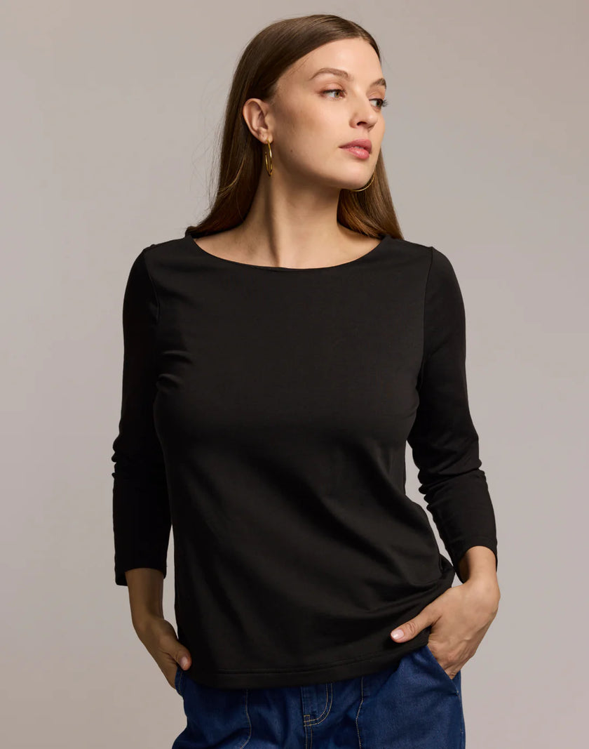 GISSEL THREE QUARTER SLEEVE BOATNECK DOUBLE KNIT PANEL SHIRT