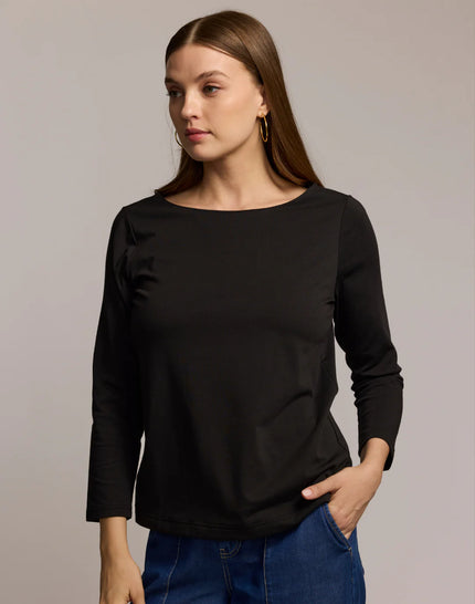 GISSEL THREE QUARTER SLEEVE BOATNECK DOUBLE KNIT PANEL SHIRT