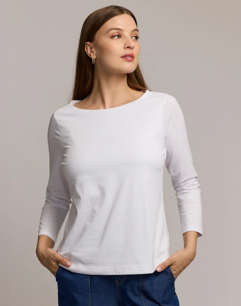 GISSEL THREE QUARTER SLEEVE BOATNECK DOUBLE KNIT PANEL SHIRT