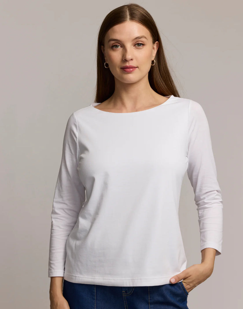 GISSEL THREE QUARTER SLEEVE BOATNECK DOUBLE KNIT PANEL SHIRT