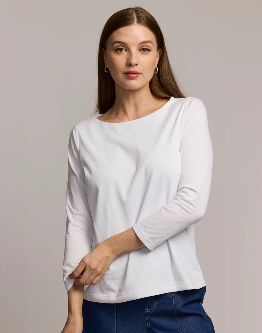 GISSEL THREE QUARTER SLEEVE BOATNECK DOUBLE KNIT PANEL SHIRT