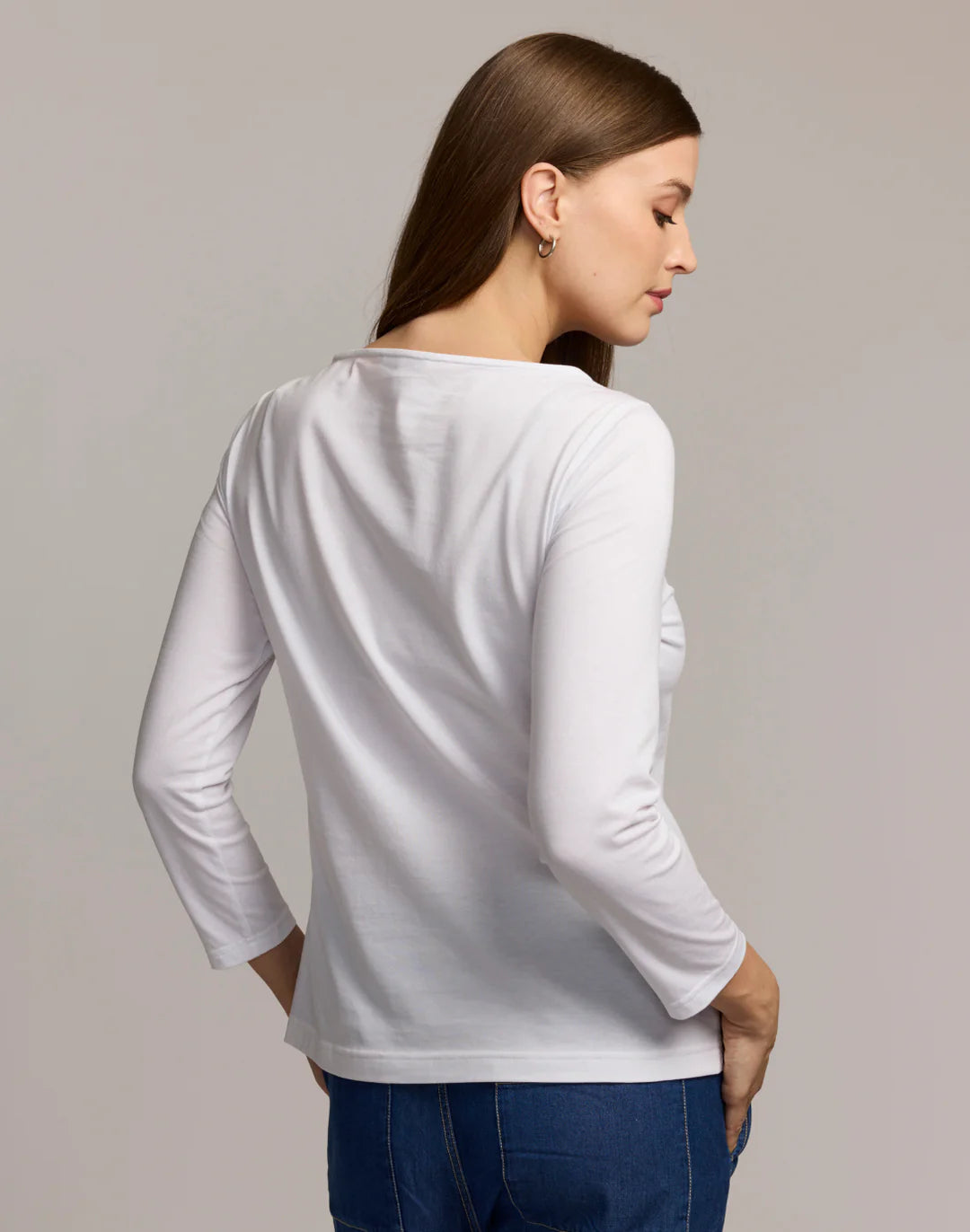 GISSEL THREE QUARTER SLEEVE BOATNECK DOUBLE KNIT PANEL SHIRT
