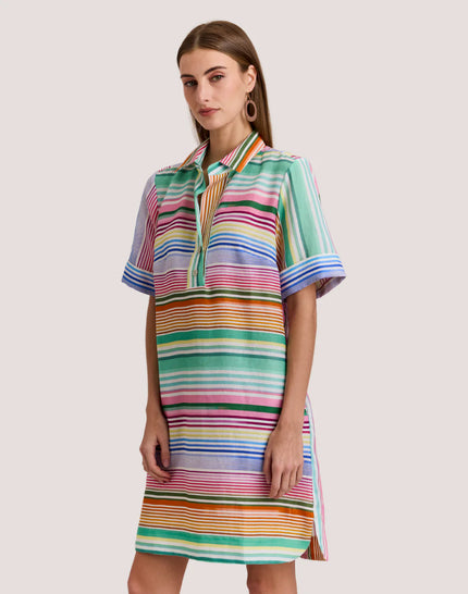 AILEEN SHORT SLEEVE MULTI LINEN STRIPE DRESS