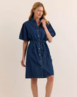 ANGELINA ELBOW SLEEVE DARK WASH DENIM DRESS