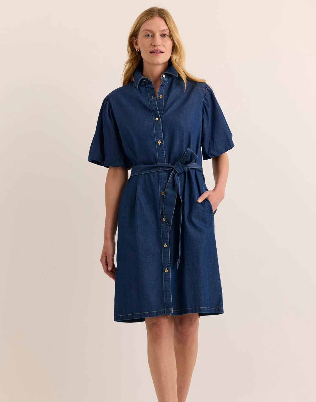 ANGELINA ELBOW SLEEVE DARK WASH DENIM DRESS