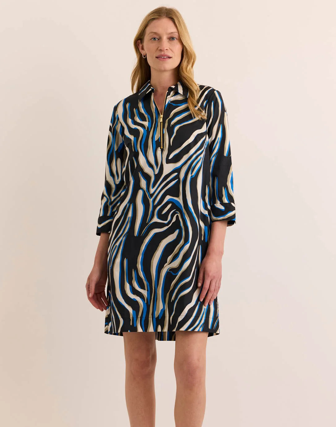 ALESSA THREE QUARTER SLEEVE ABSTRACT ZEBRA DRESS