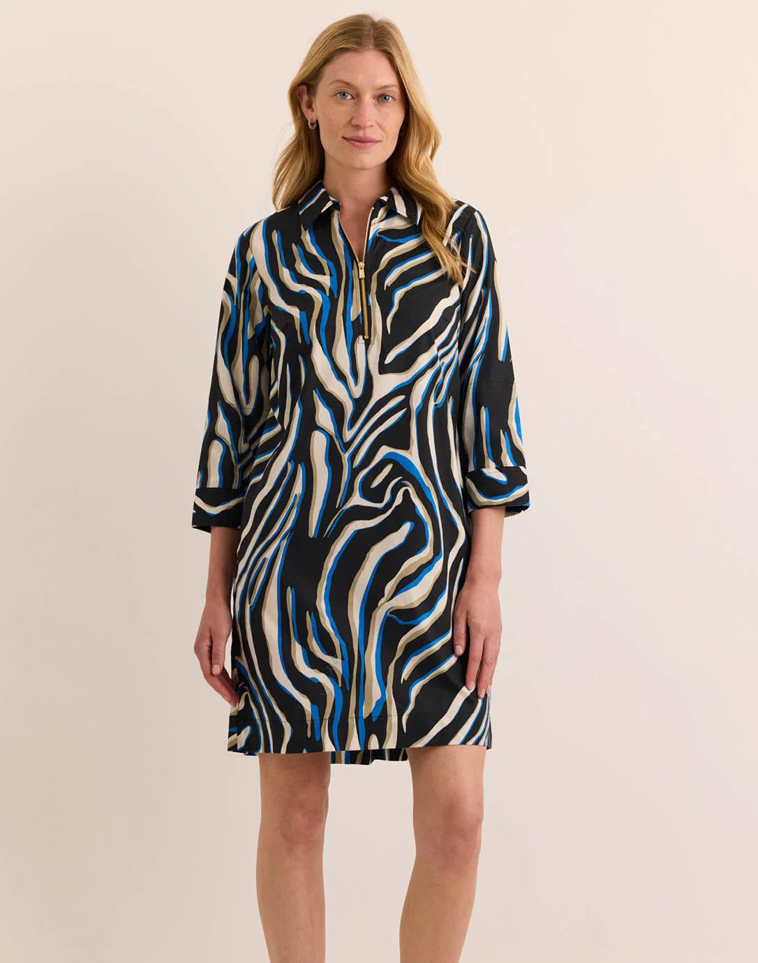 ALESSA THREE QUARTER SLEEVE ABSTRACT ZEBRA DRESS