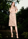 STRETCH SEQUIN FLORAL PUFF SLEEVE MIDI DRESS