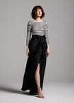 BEADED STRIPED GOWN WITH TAFFETA SKIRT