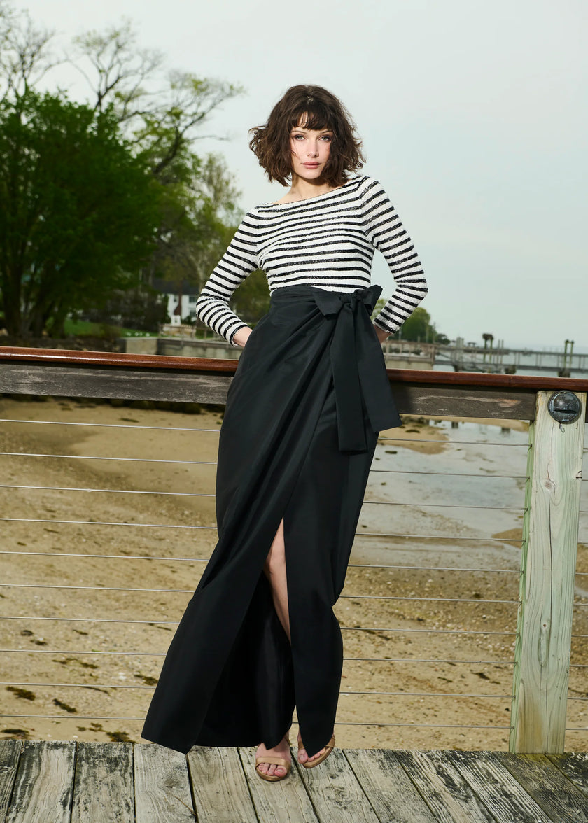 BEADED STRIPED GOWN WITH TAFFETA SKIRT