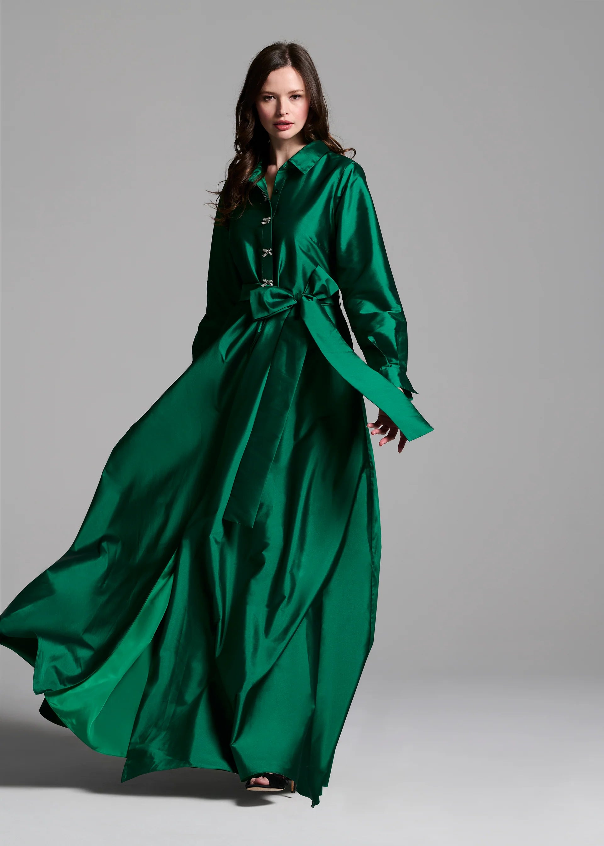 TAFFETA  ALINE GOWN WITH CRYSTAL BUTTONS