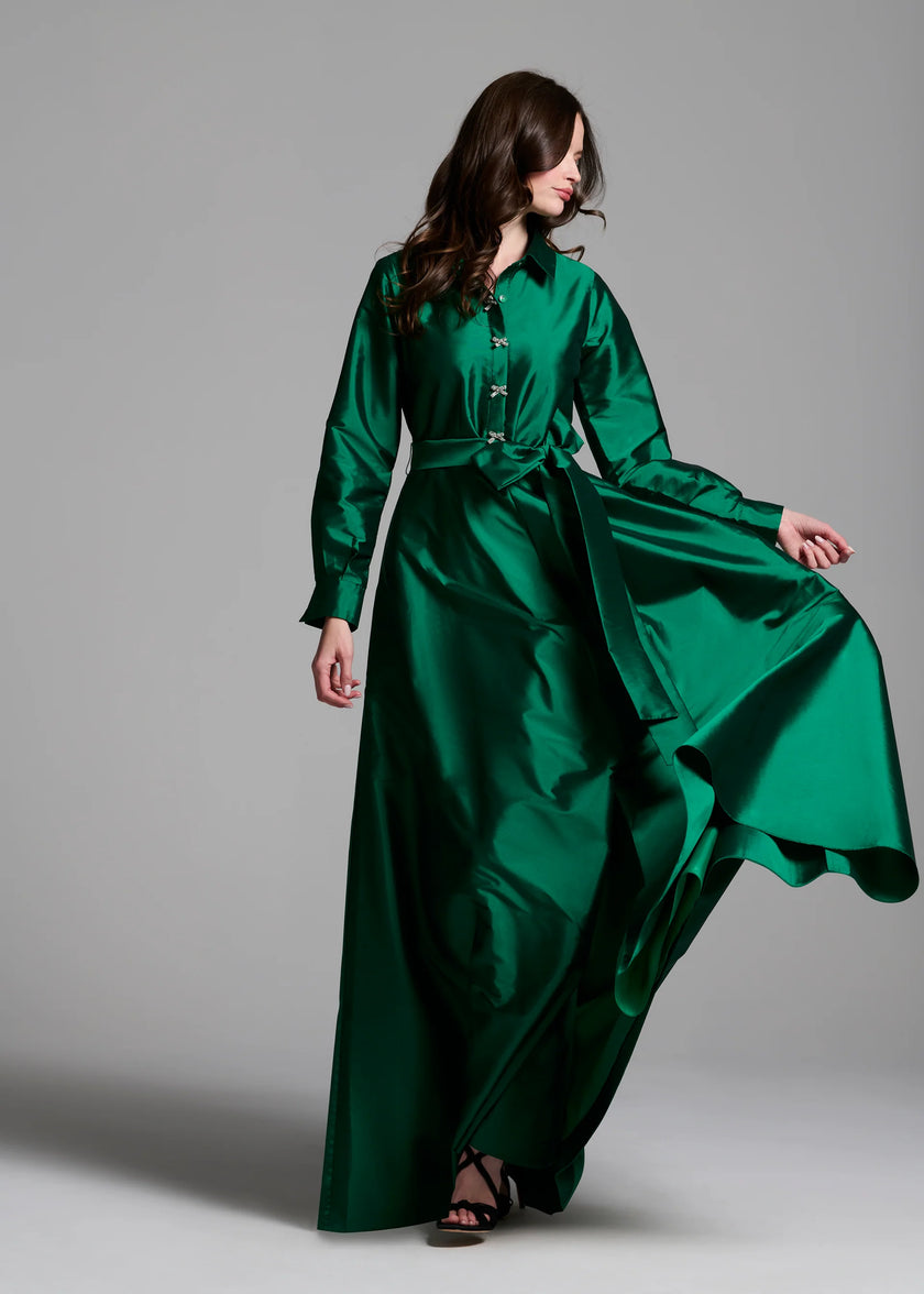 TAFFETA  ALINE GOWN WITH CRYSTAL BUTTONS