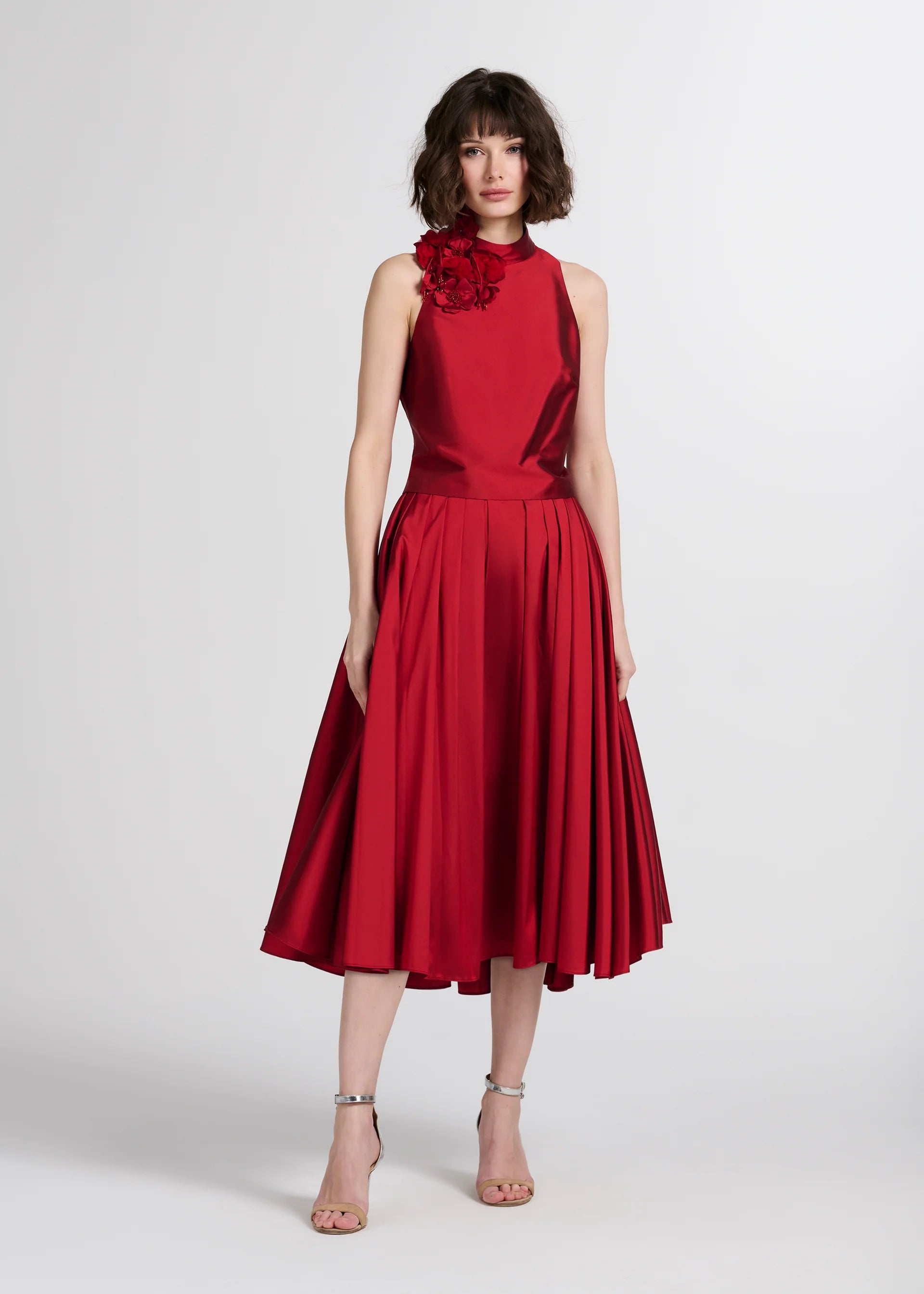TAFFETA 3D APPLIQUE FLORAL SHELL RED