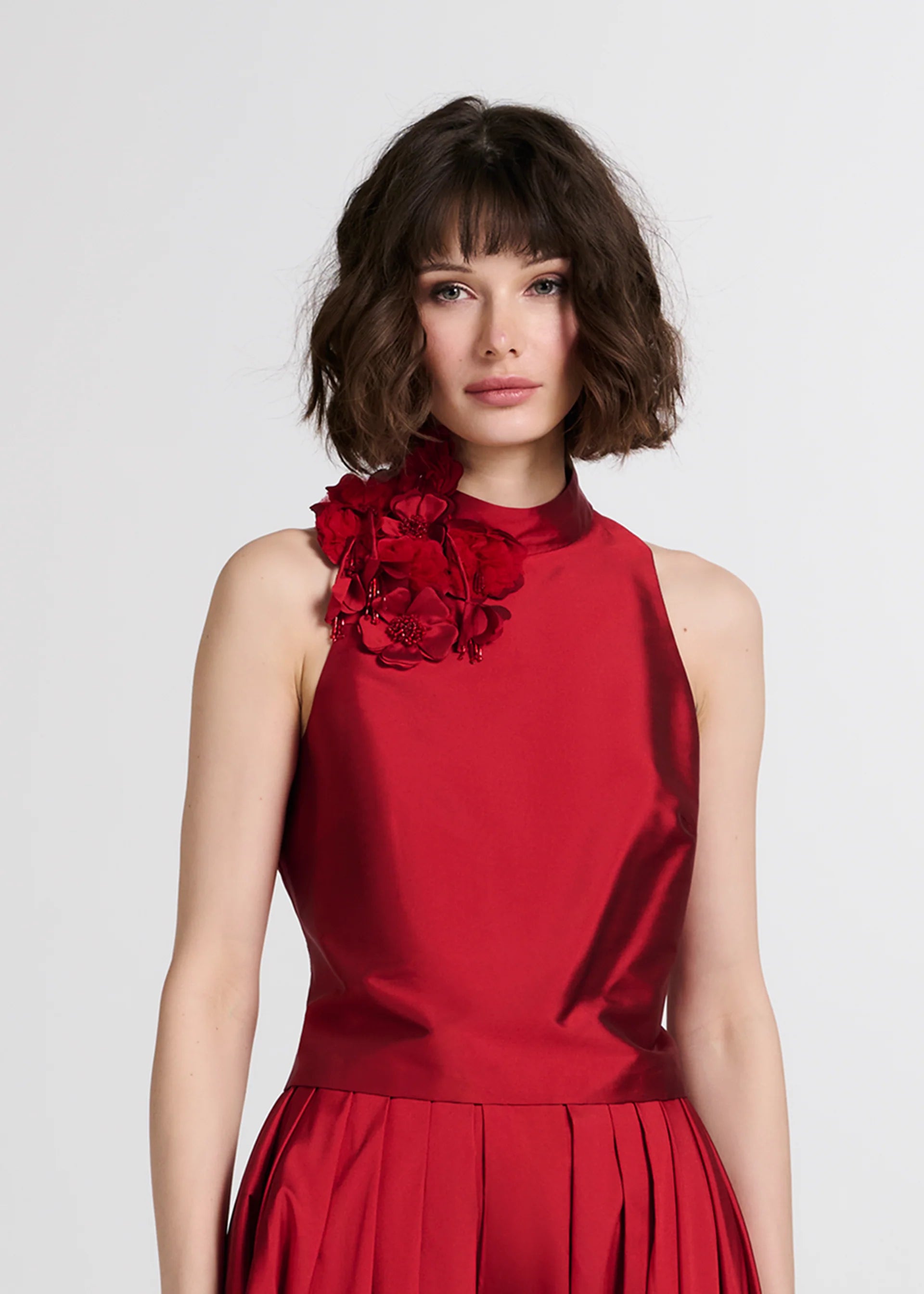 TAFFETA 3D APPLIQUE FLORAL SHELL RED