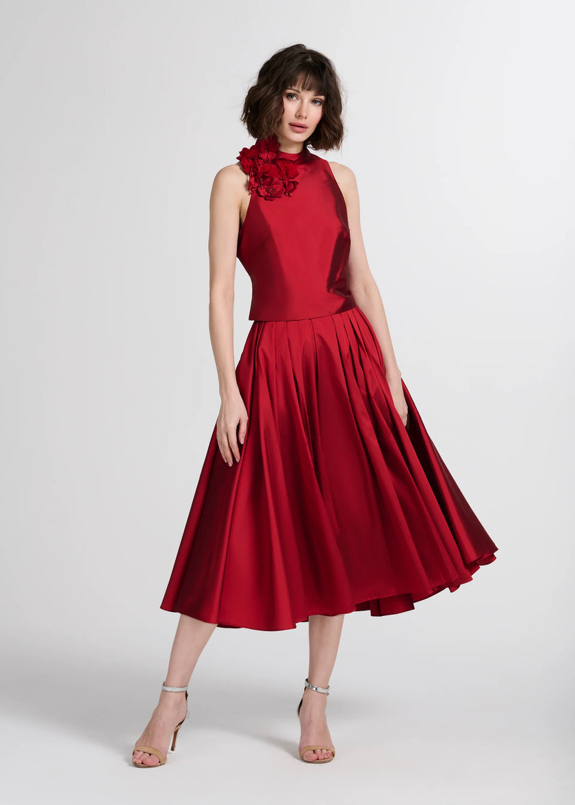 TAFFETA 3D APPLIQUE FLORAL SHELL RED
