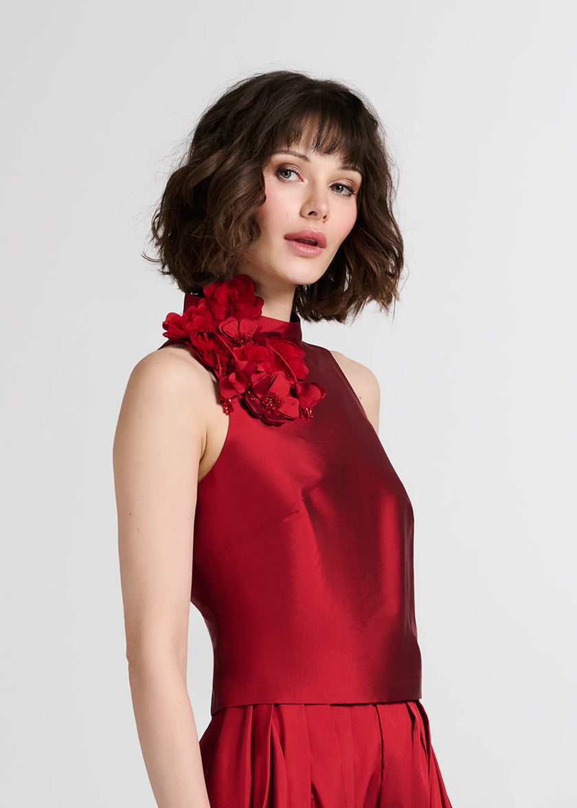 TAFFETA 3D APPLIQUE FLORAL SHELL RED