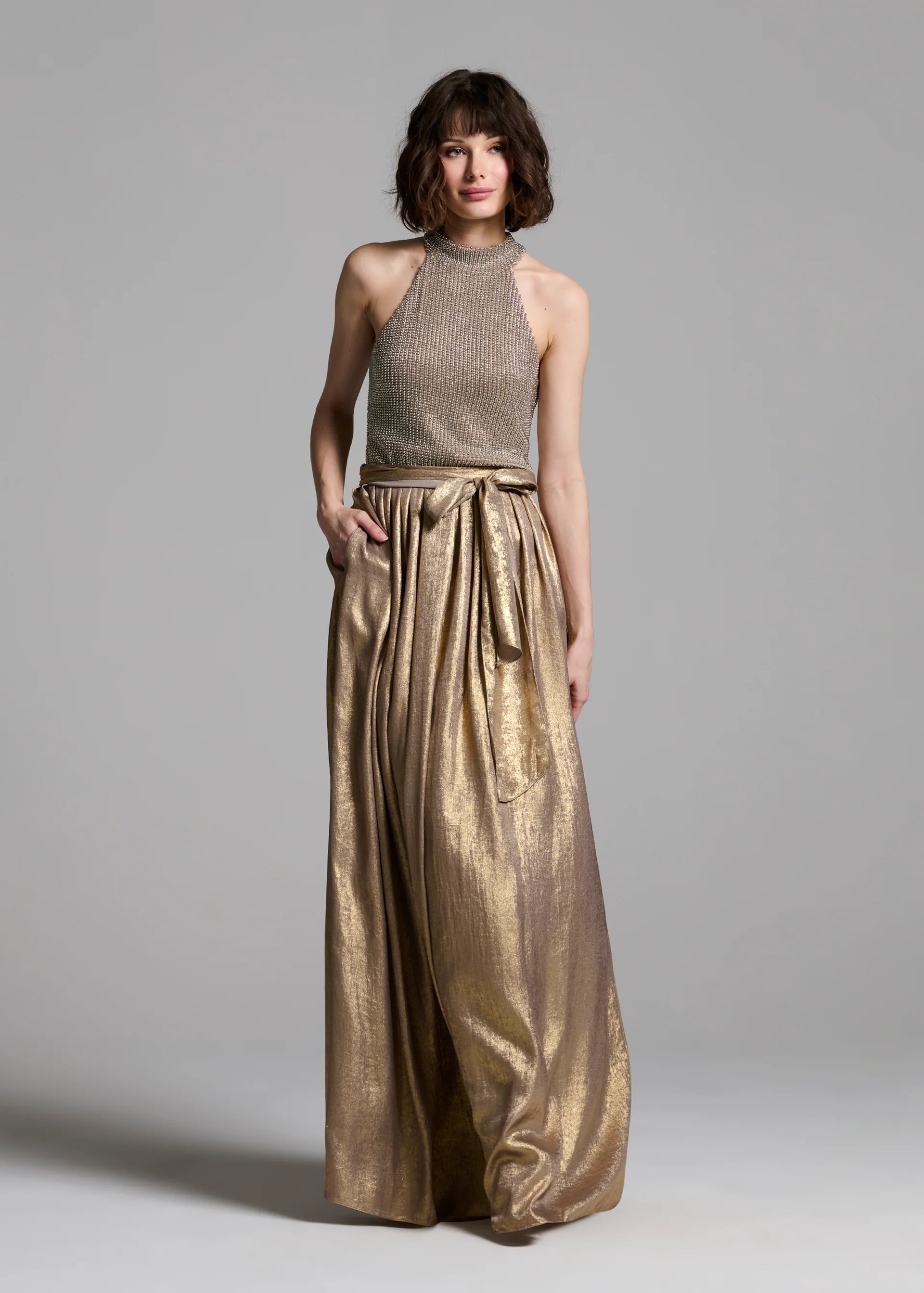 LAME CHIFFON PLEATED BALLGOWN SKIRT GOLD