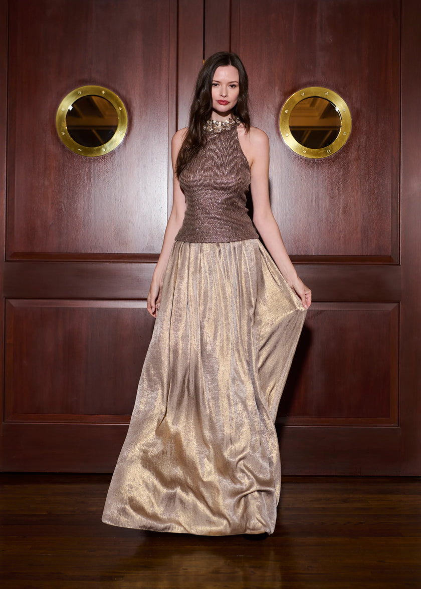 LAME CHIFFON PLEATED BALLGOWN SKIRT GOLD