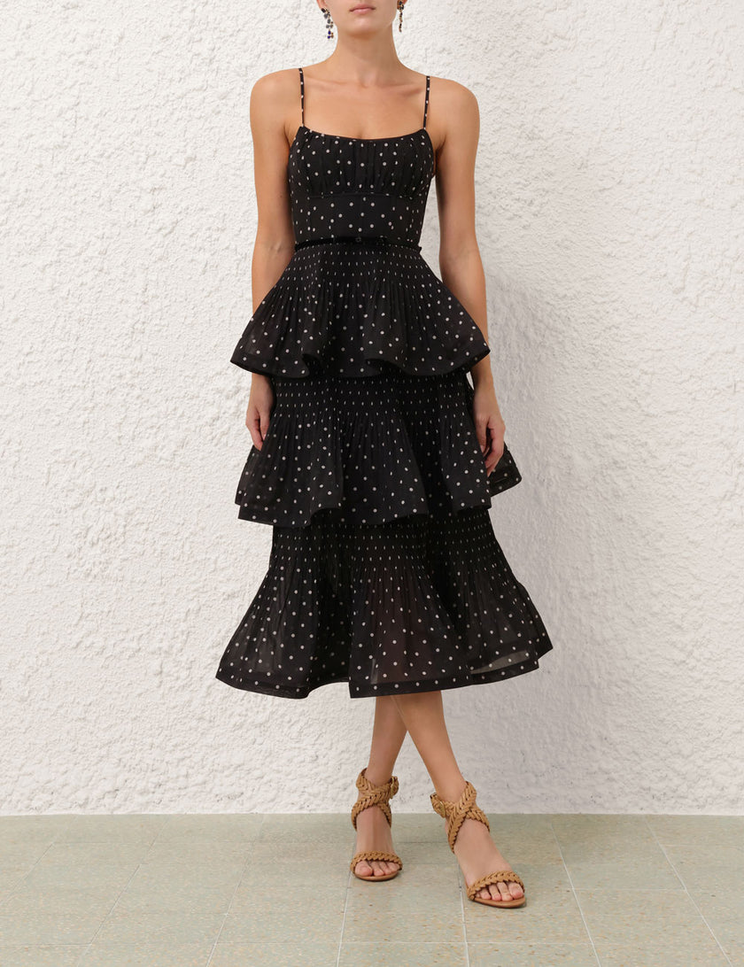 PLEATED TIERED MIDI DRESS