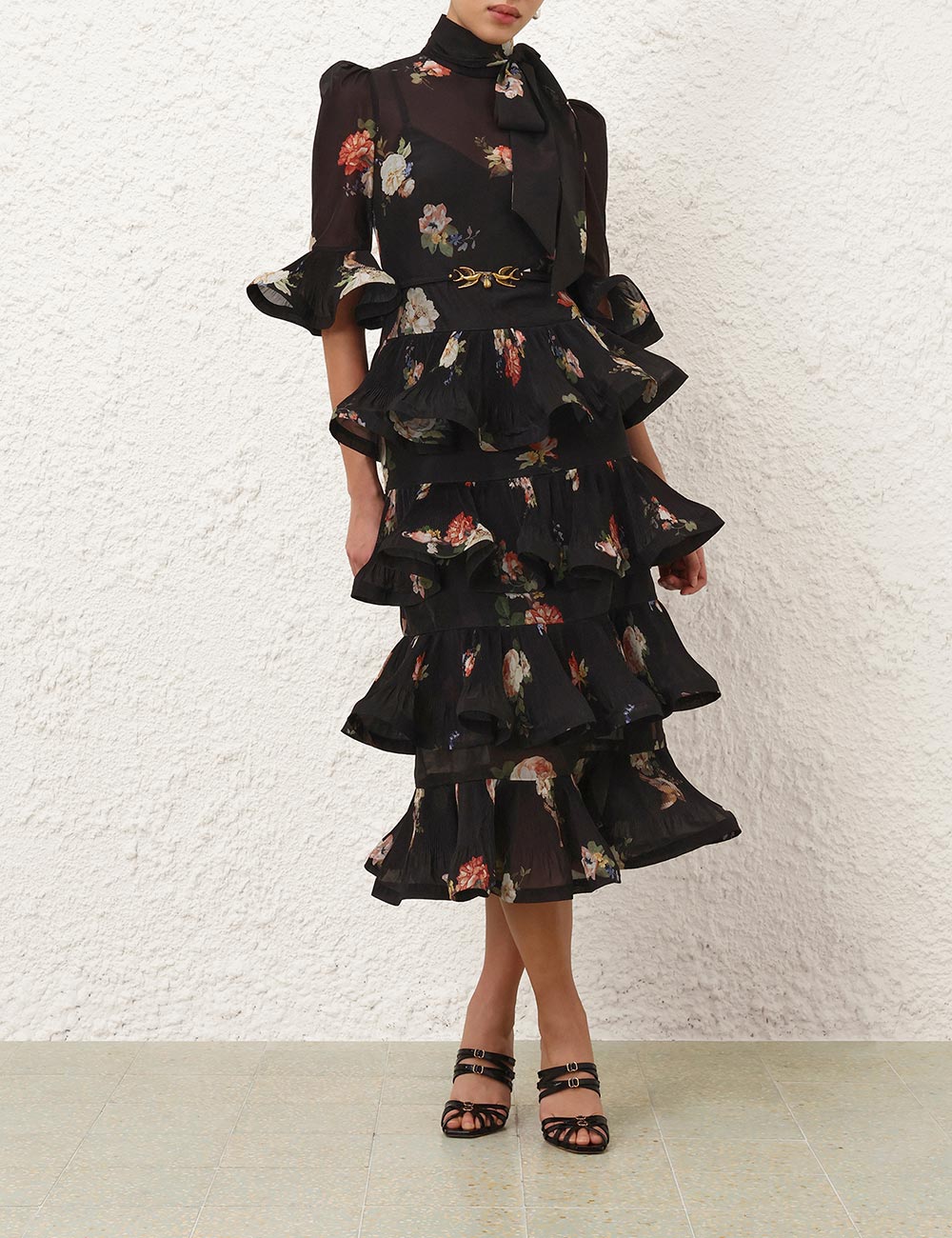 PLEATED SLEEVED MIDI DRESS IN BLACK BIRD PRINT