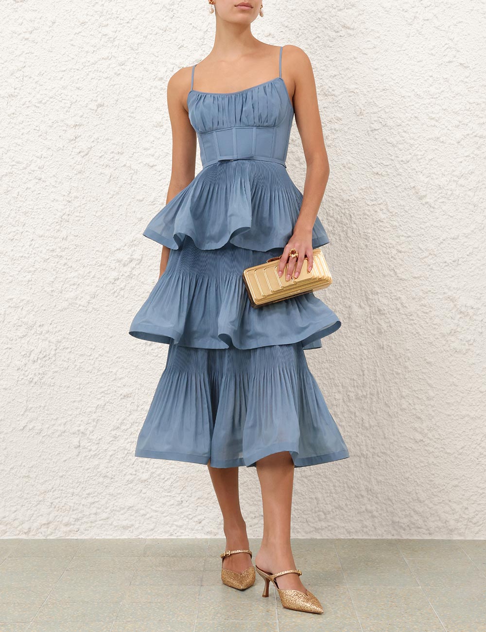 PLEATED TIERED MIDI DRESS IN DEEP BLUE