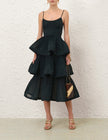PLEATED TIERED MIDI DRESS IN BOTTLE GREEN