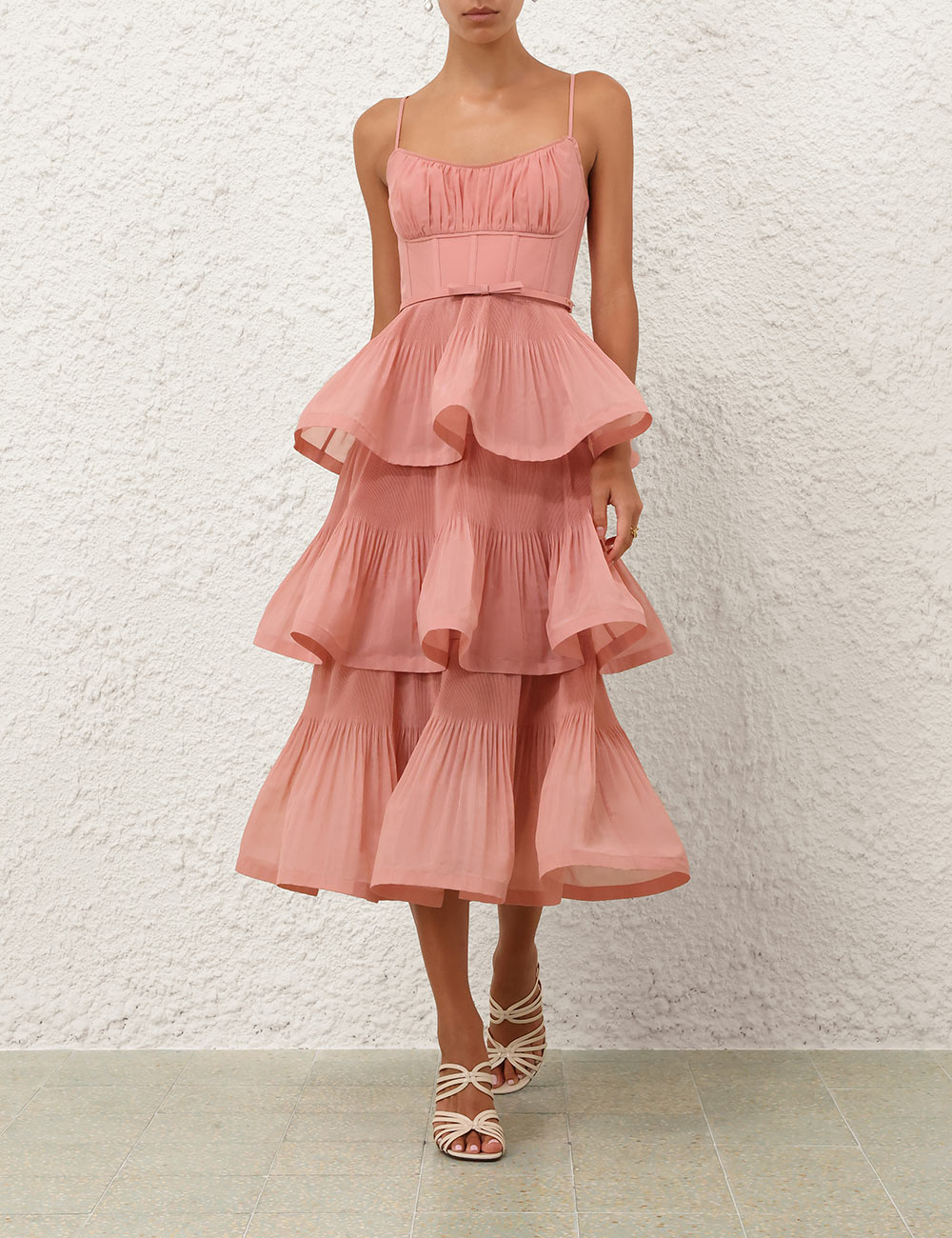 PLEATED TIERED MIDI DRESS IN DUSTY PINK