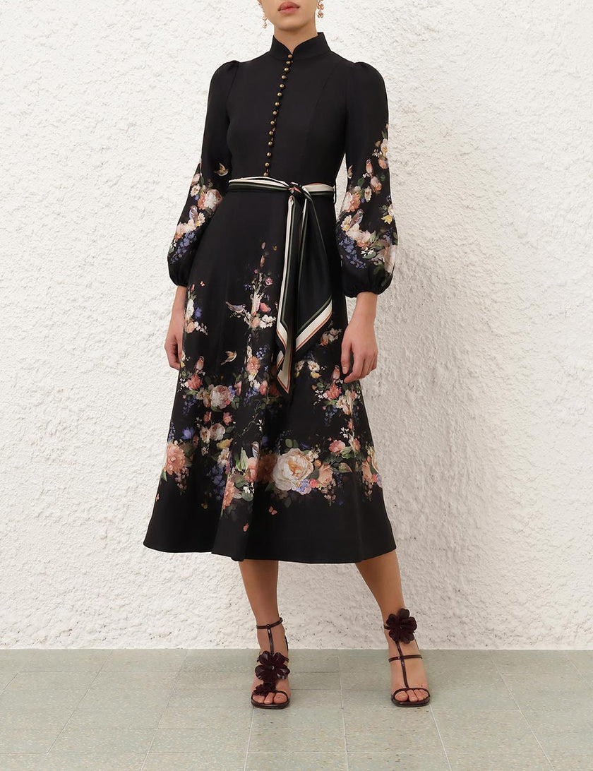 VALIANT BUTTON MIDI DRESS IN BLACK BOUQUET