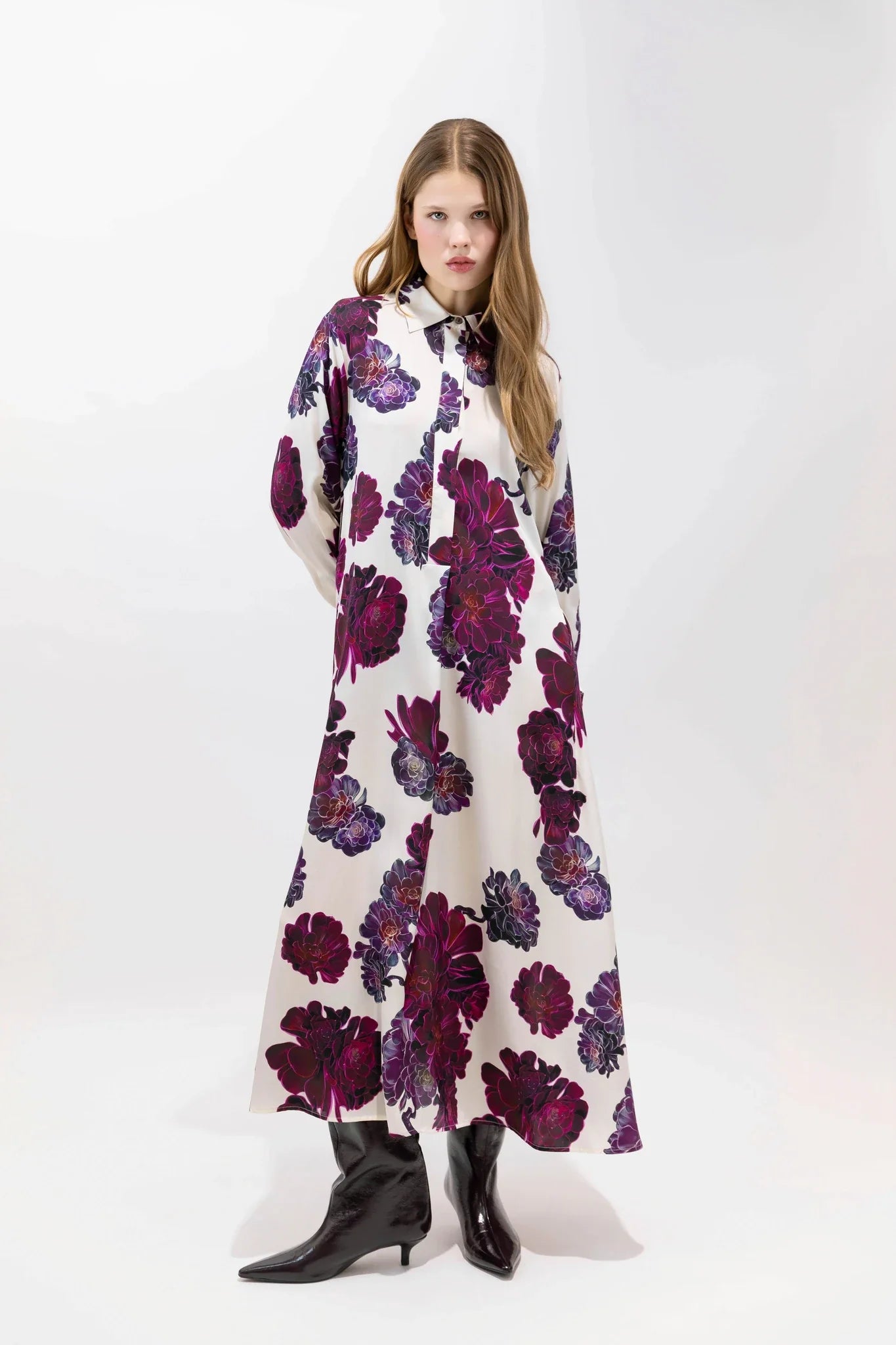 AEONIUM FLORAL PRINT SILK SHIRT DRESS