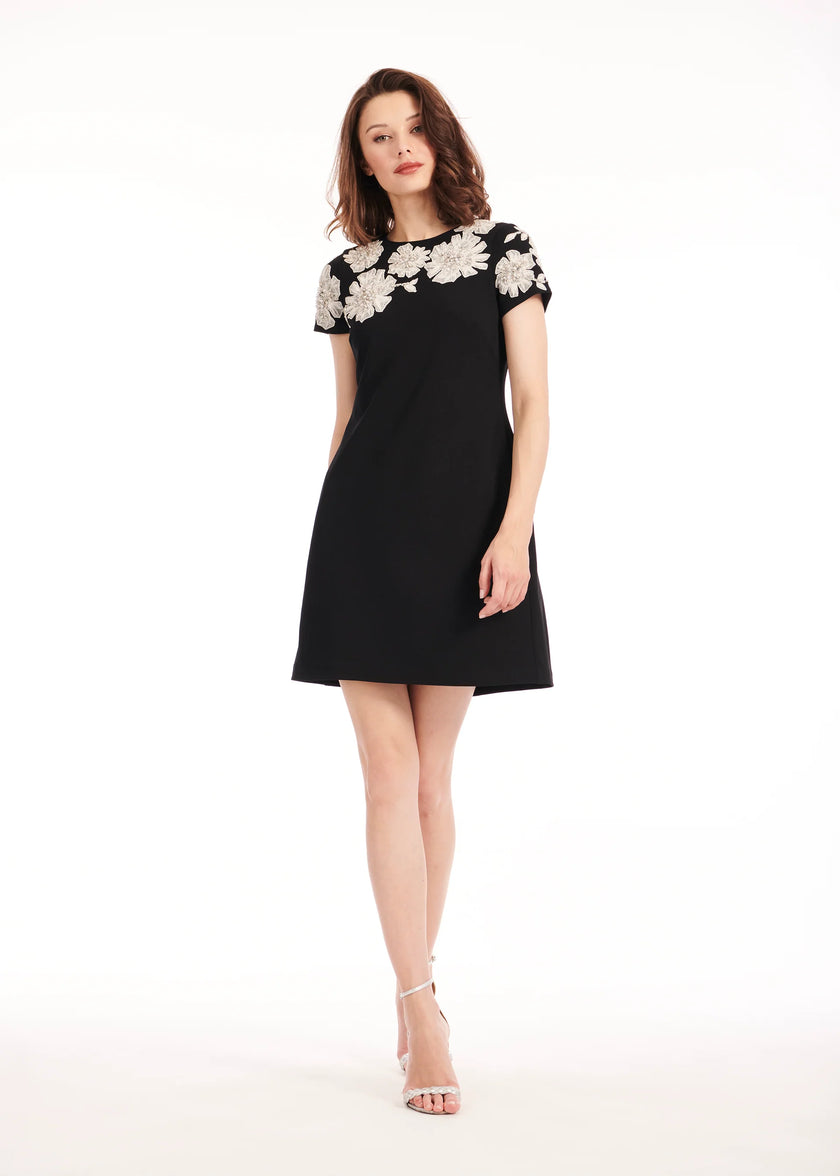 CREPE FLORAL APPLIQUE MINI ALINE DRESS