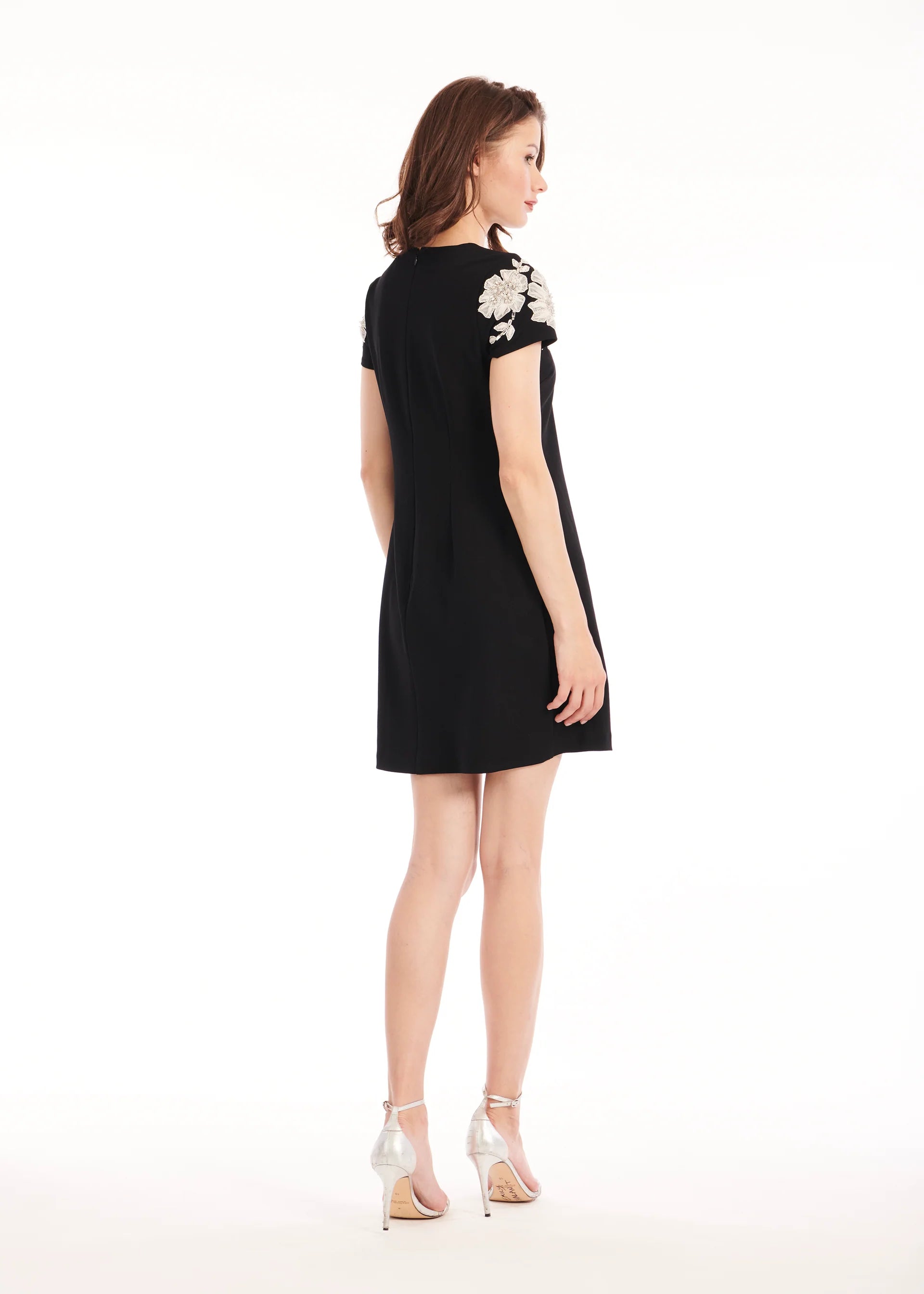 CREPE FLORAL APPLIQUE MINI ALINE DRESS