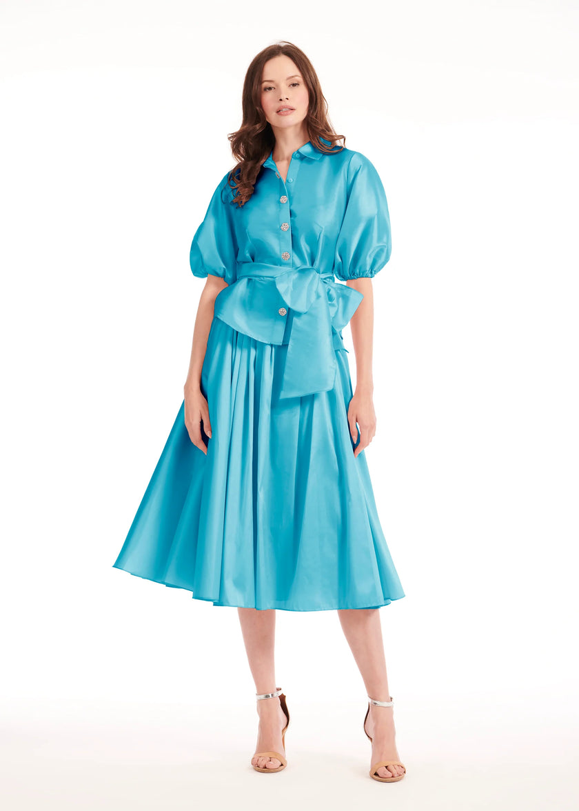 TAFFETA PUFF SLEEVE BLOUSE WITH CRYSTAL FLOWER BUTTONS