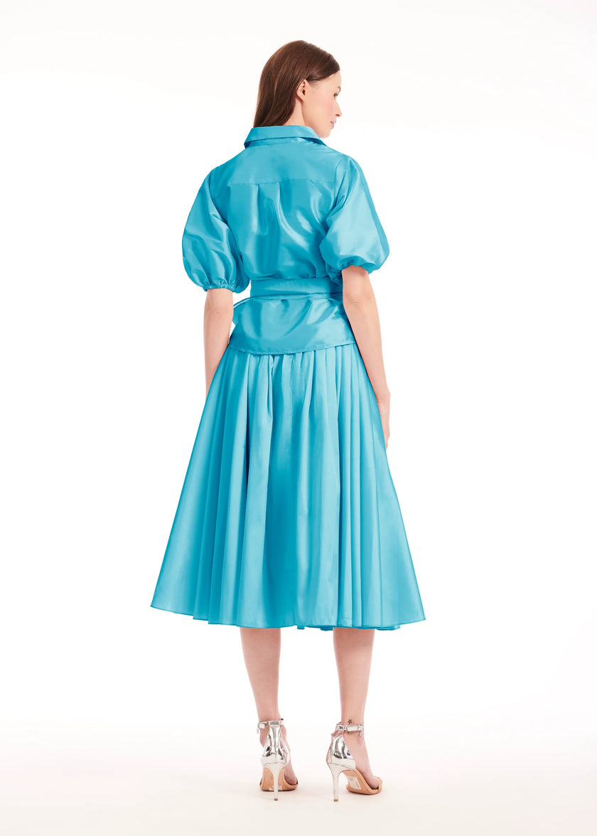 TAFFETA PUFF SLEEVE BLOUSE WITH CRYSTAL FLOWER BUTTONS