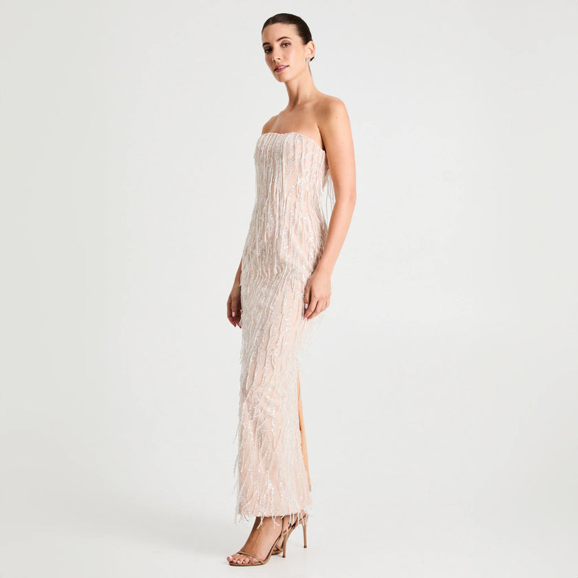 RAMONA STRAPLESS FRINGE MAXI STRAIGHT DRSS