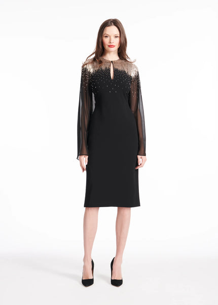 CREPE DRESS WITH CHIFFON SLEEVES AND NIGHT SKY BEADING
