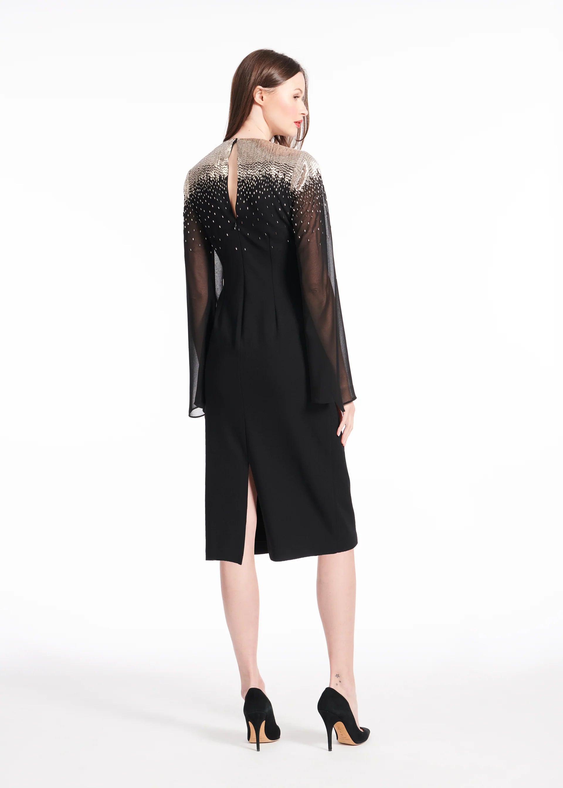 CREPE DRESS WITH CHIFFON SLEEVES AND NIGHT SKY BEADING
