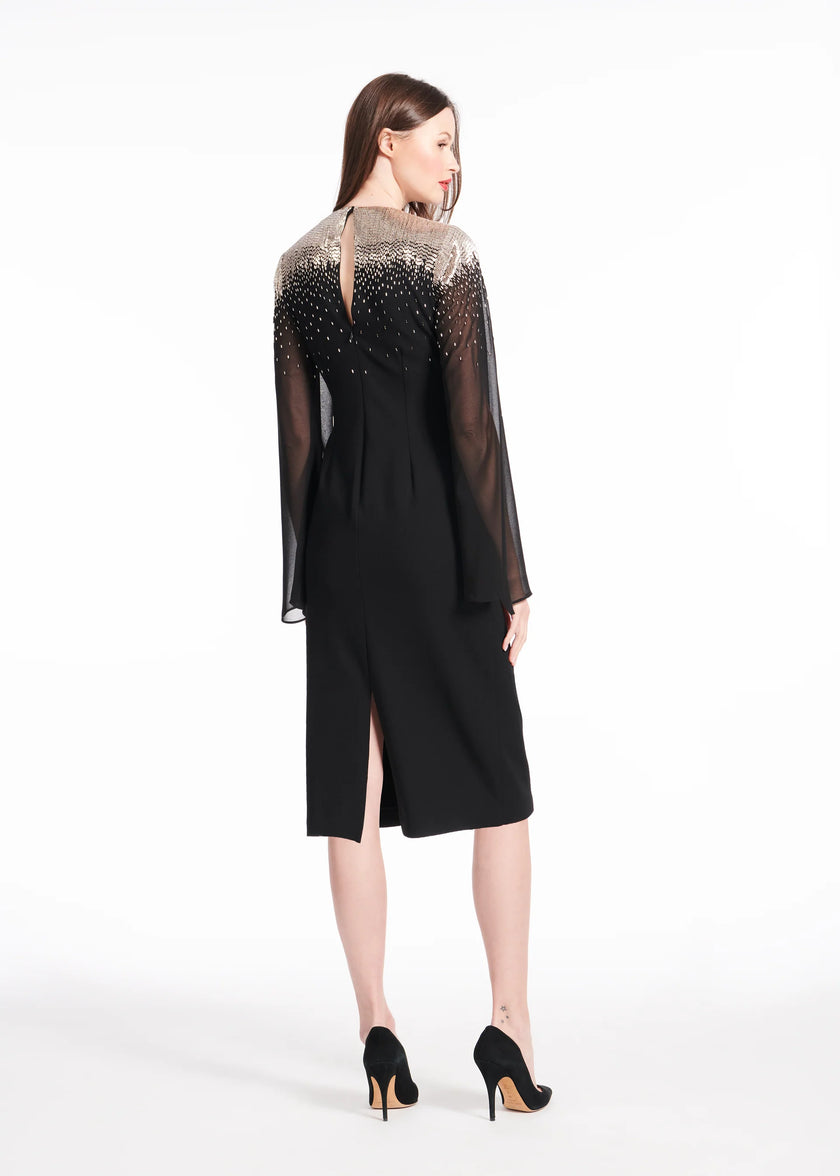 CREPE DRESS WITH CHIFFON SLEEVES AND NIGHT SKY BEADING