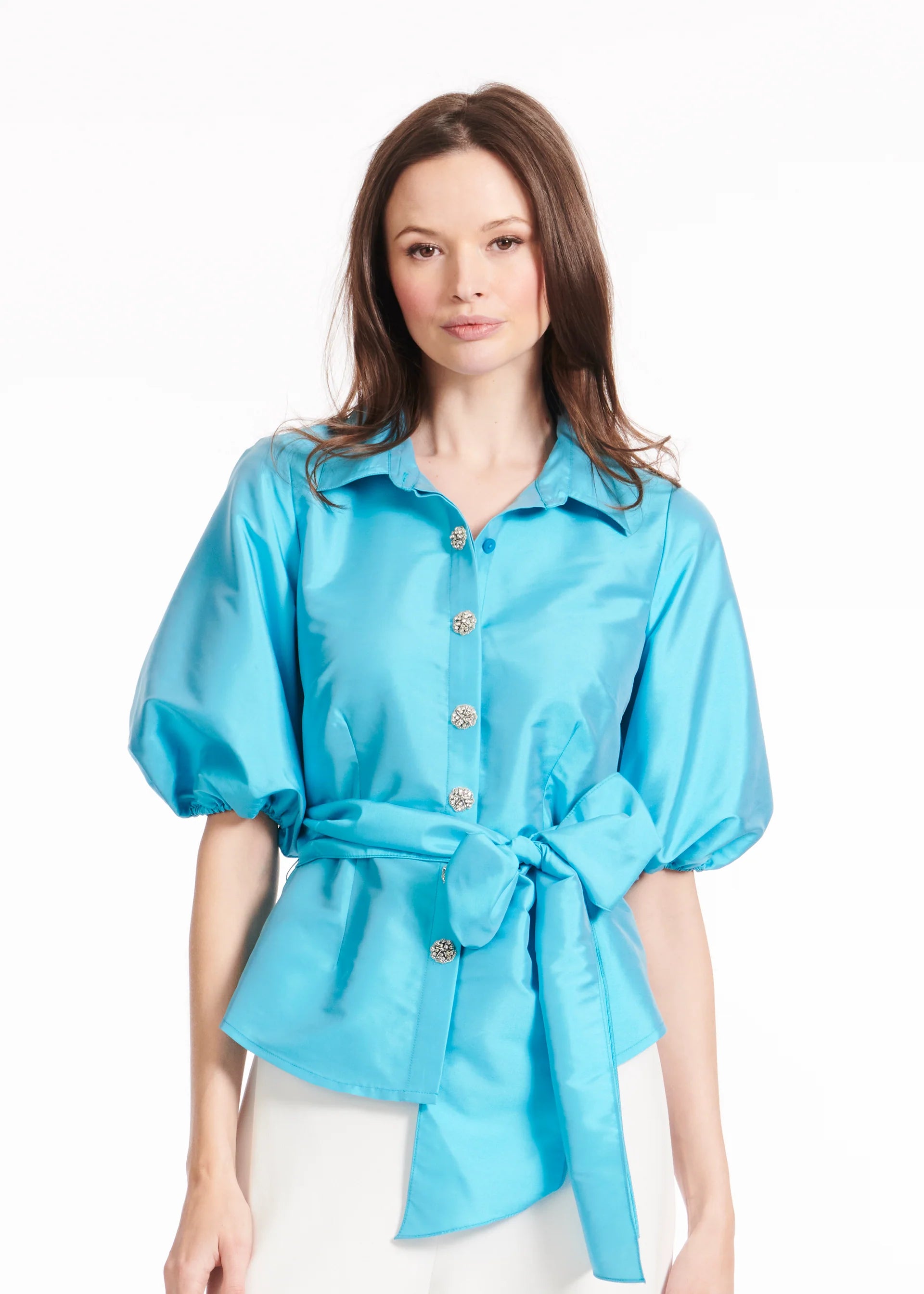 TAFFETA PUFF SLEEVE BLOUSE WITH CRYSTAL FLOWER BUTTONS